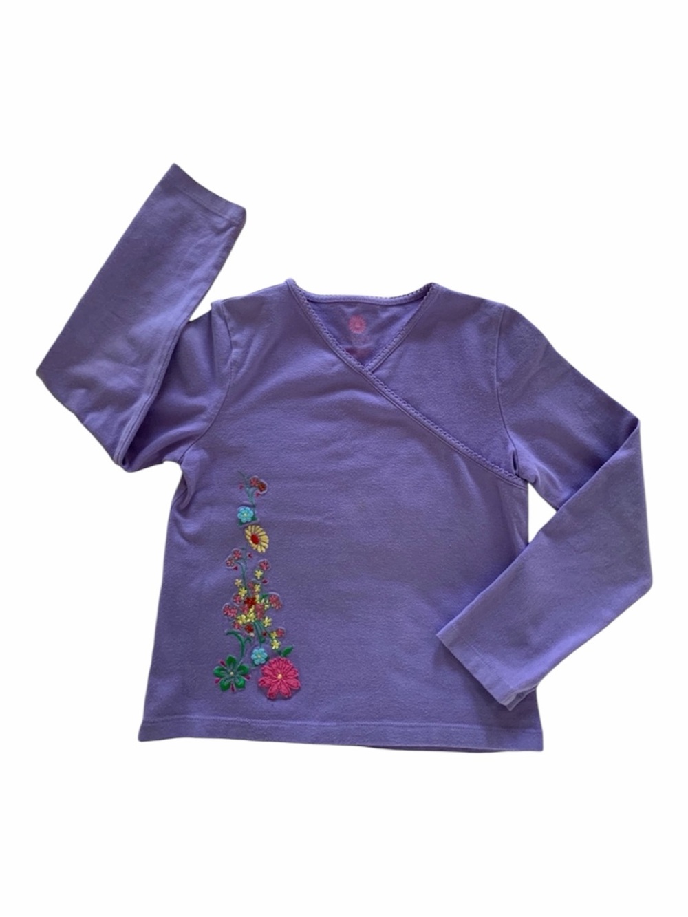 J. Khaki Girl Purple Floral Embroidery Shirt Size 5 Scalloped V-Neck Long Sleeve